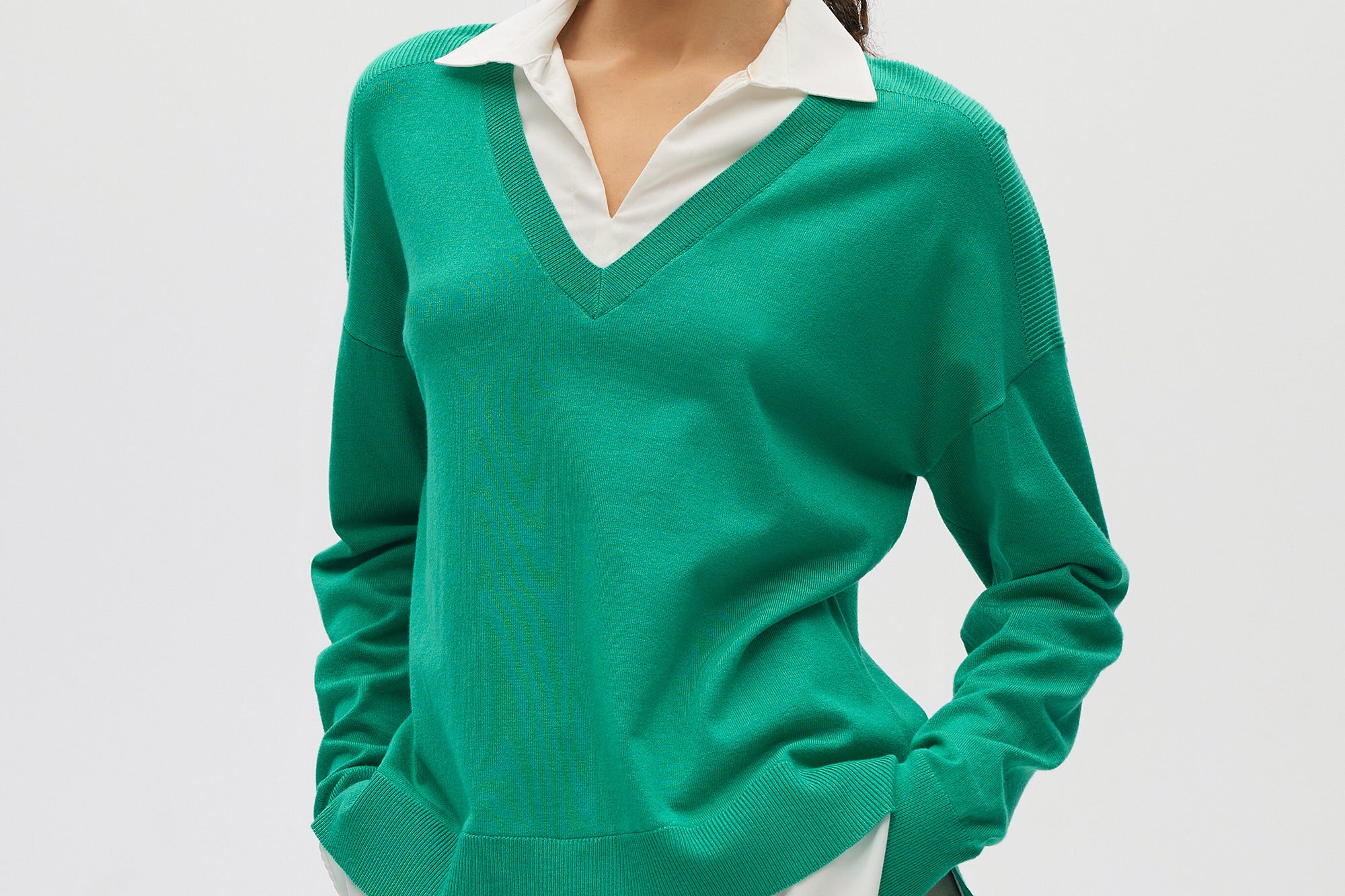 Green V-neck Sweater Top Combo front