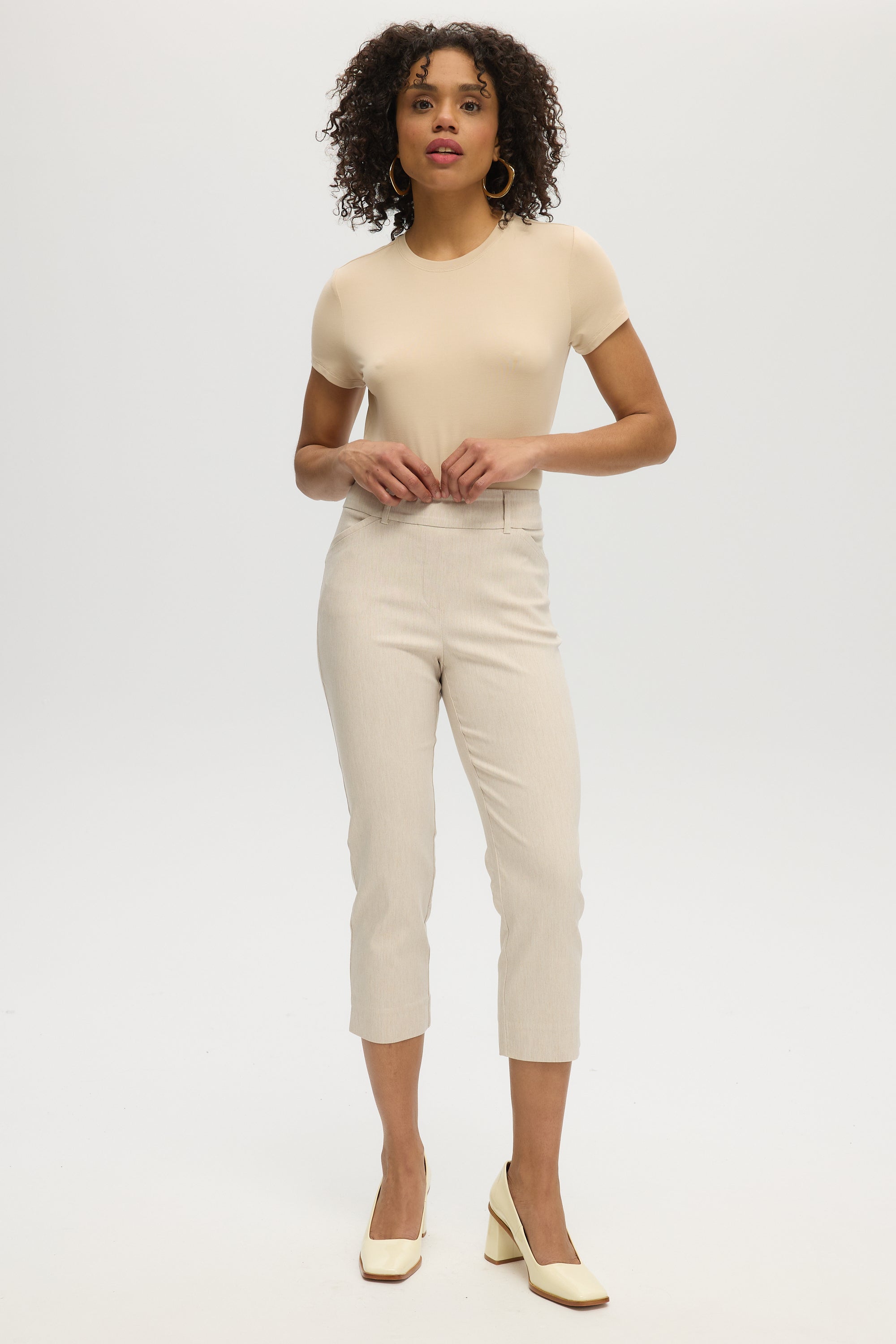 HEATHER BEIGE SUPER STRETCH PULL-ON CAPRI - Main Image
