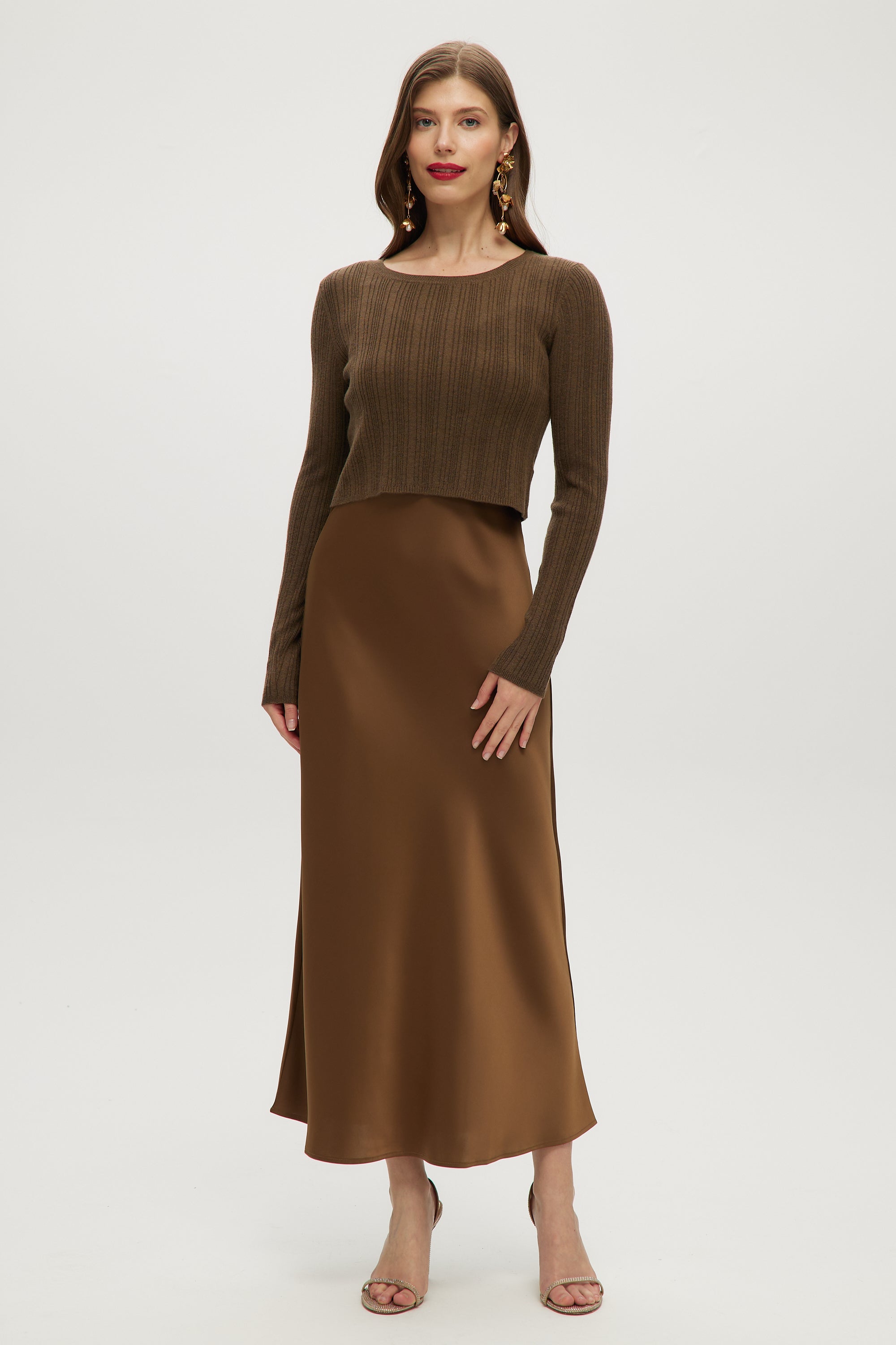 BRONZE LONG SLEEVE SWEATER AND SATIN DRESS 2PCS SET – Hilary Radley