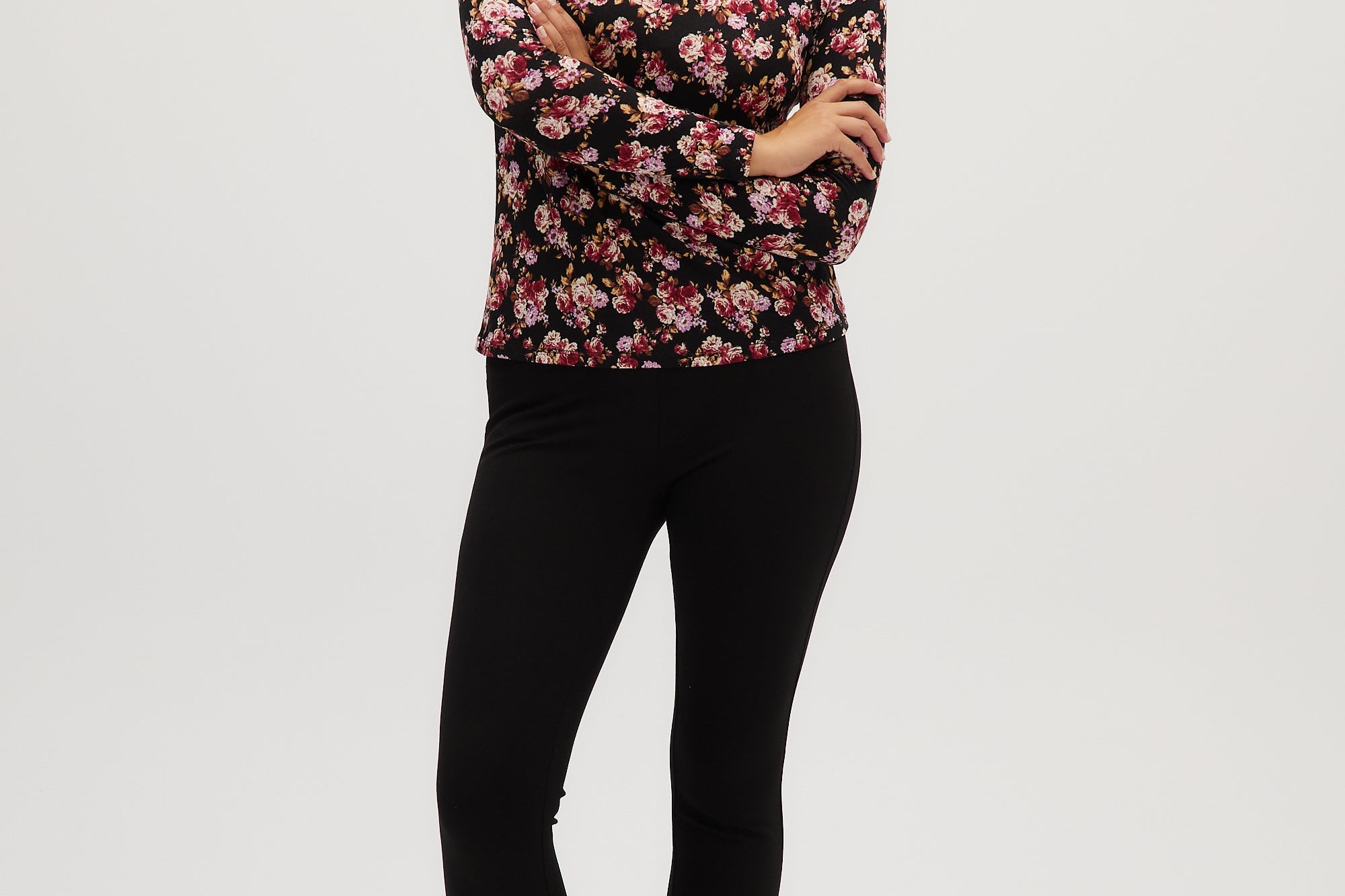 Pink Floral Fitted turtleneck in vintage floral full body