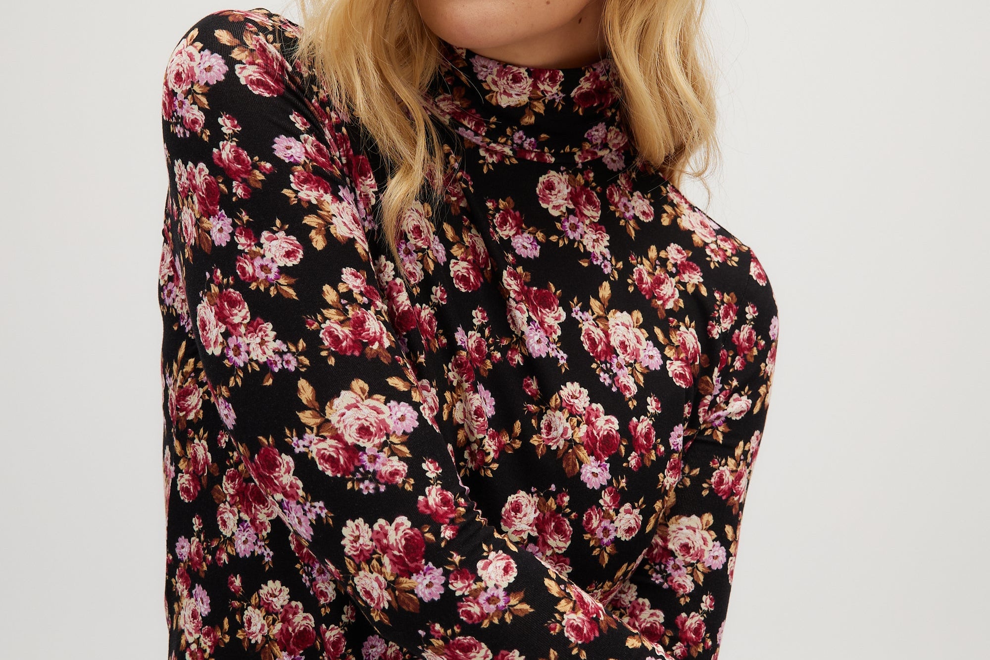 Pink Floral Fitted turtleneck in vintage floral front 2