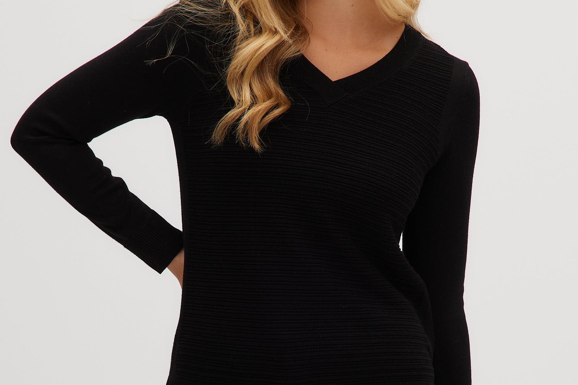 Black V-neck sweater front