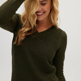 Olive V-neck sweater close up