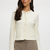 Cream Knit Round Collar Cardigan featuring patch pockets, available from Hilary Radley.