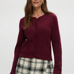 Burgundy knit cardigan with round collar and patch pockets