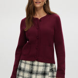 Burgundy knit cardigan with round collar and patch pockets