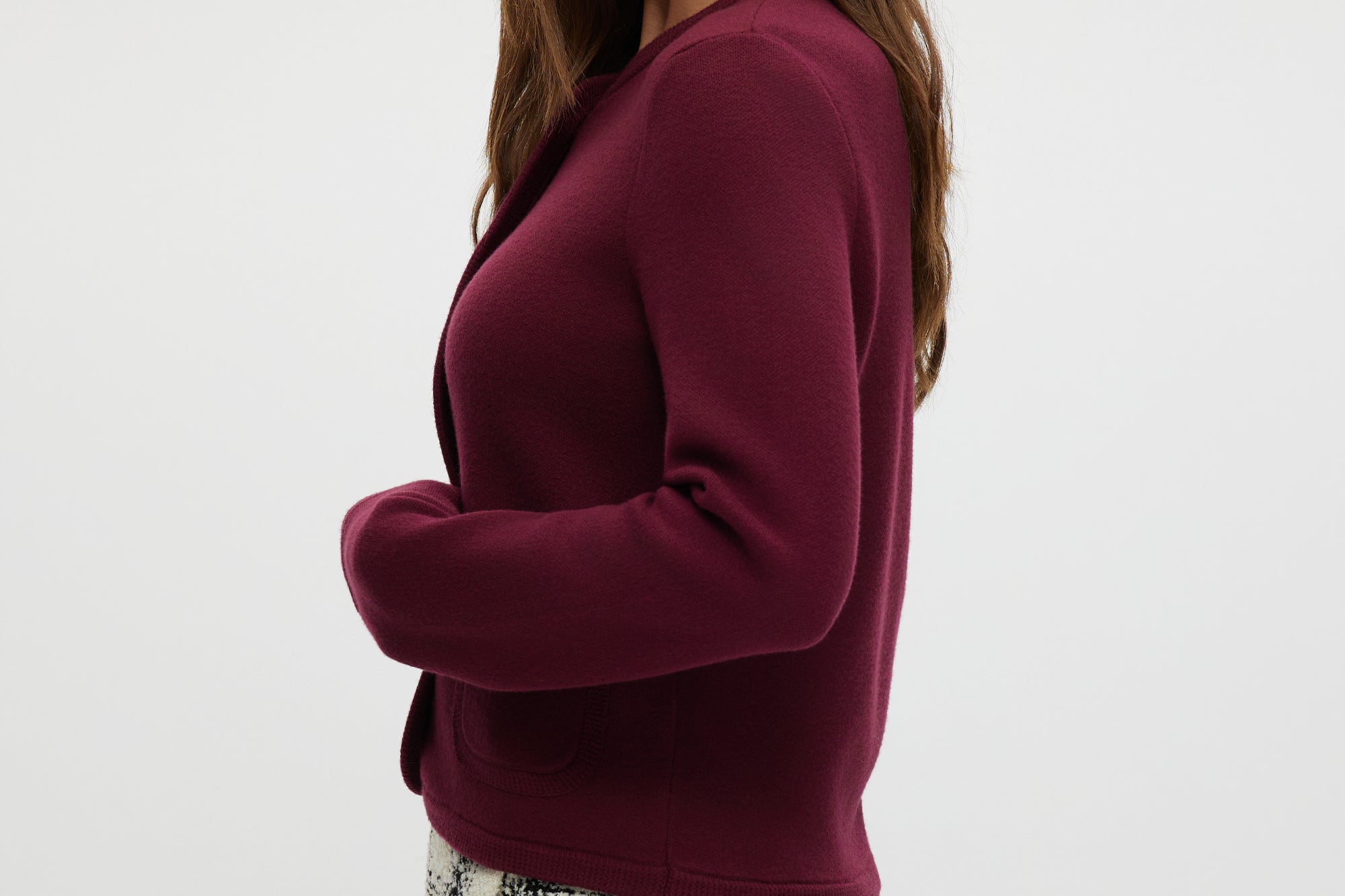 Burgundy Round Collar Knit Cardigan featuring patch pockets, available from Hilary Radley.