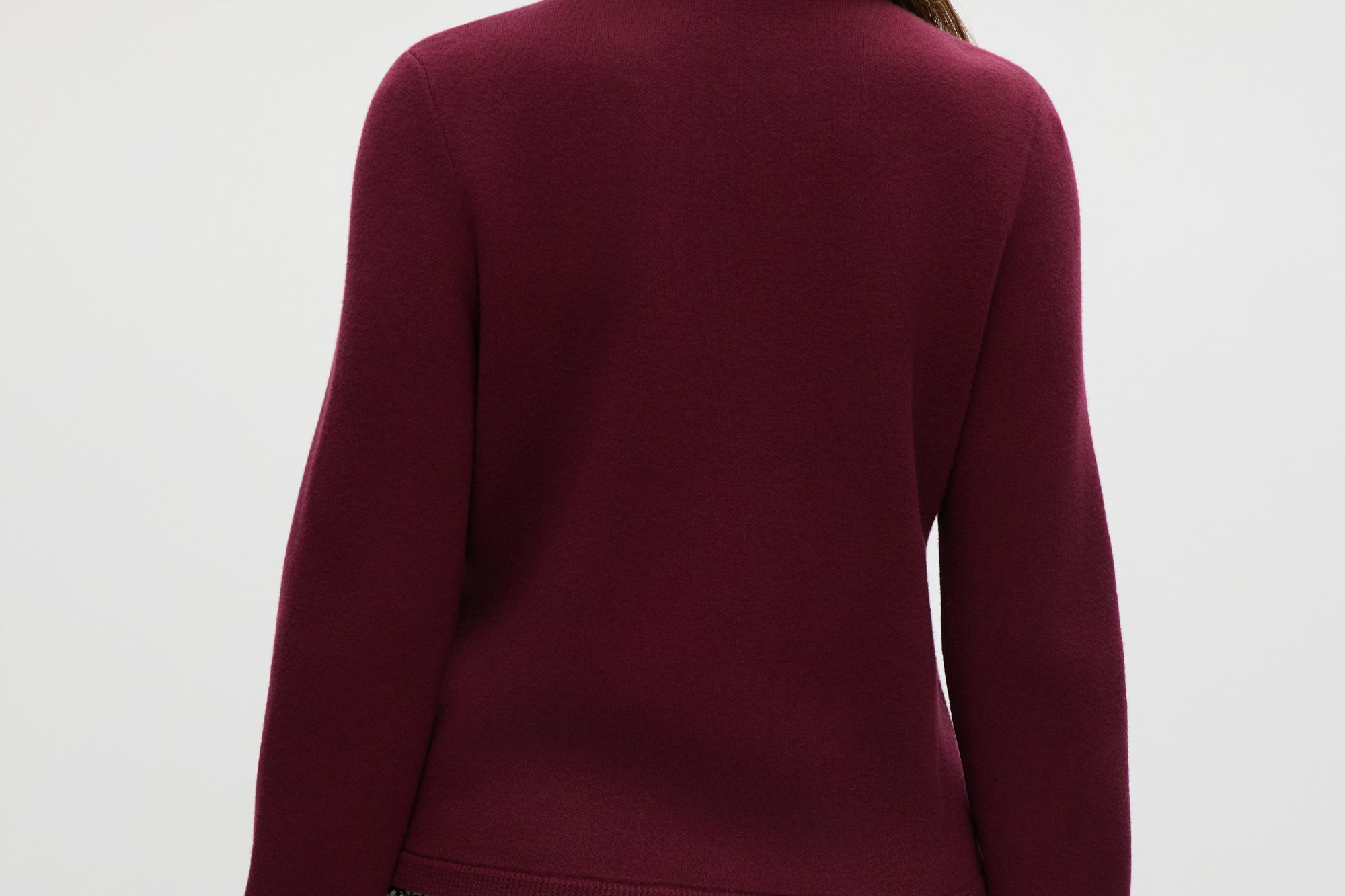 Burgundy Round Collar Knit Cardigan featuring patch pockets, available from Hilary Radley.