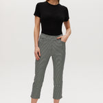 Black and off-white houndstooth capri with pull-on waistband and cropped length.