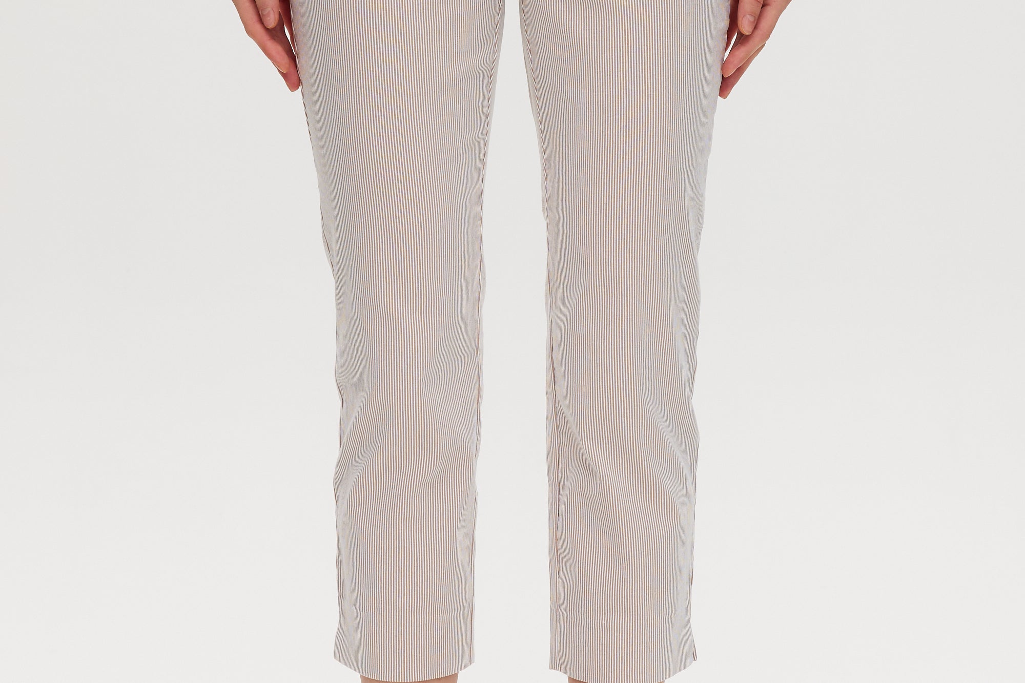 Camel striped super stretch pull-on capri featuring tummy control and functional pockets by Hilary Radley.