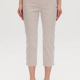 Camel striped super stretch pull-on capri featuring tummy control and functional pockets by Hilary Radley.