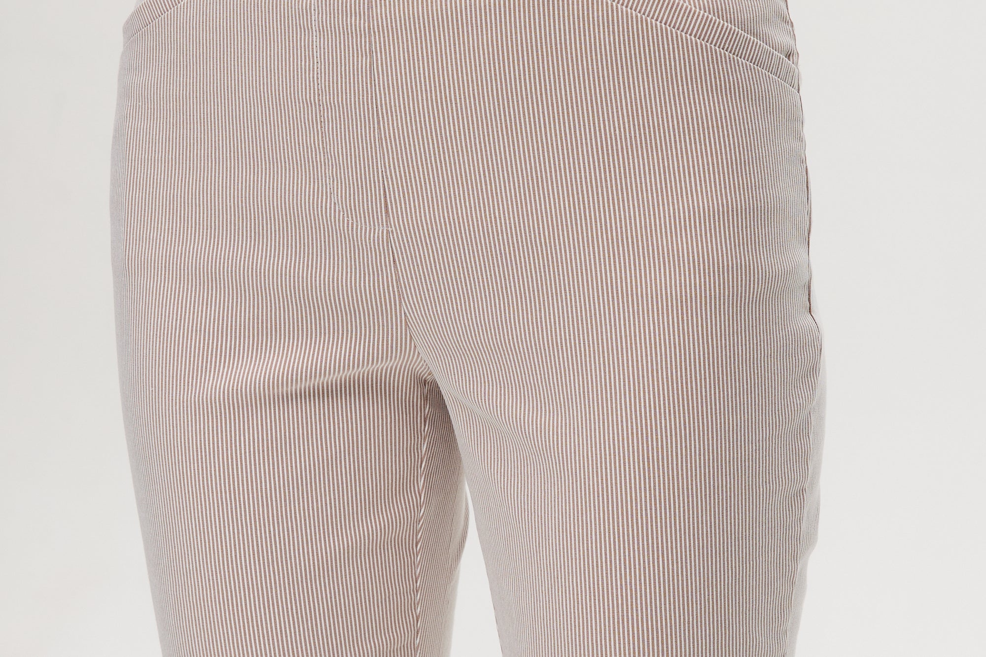 Camel striped super stretch pull-on capri with tummy control and functional pockets by Hilary Radley.
