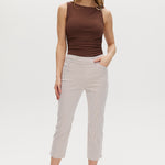 Camel striped super stretch pull-on capri with tummy control and functional pockets.