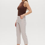 Camel striped super stretch pull-on capri featuring tummy control and functional pockets by Hilary Radley.