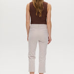 Camel striped super stretch pull-on capri with tummy control and functional pockets by Hilary Radley.