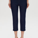 Navy Super Stretch Pull-On Capri pants featuring functional front pockets and faux back pockets by Hilary Radley.