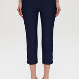 Navy Super Stretch Pull-On Capri pants featuring functional front pockets and faux back pockets by Hilary Radley.