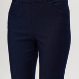 Navy Super Stretch Pull-On Capri Pants featuring functional front pockets and faux back pockets by Hilary Radley.