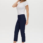 Navy Super Stretch Pull-On Capri with functional front pockets and faux back pockets by Hilary Radley.