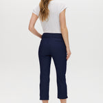 Navy Super Stretch Pull-On Capri Pants with functional front pockets and faux back pockets by Hilary Radley.