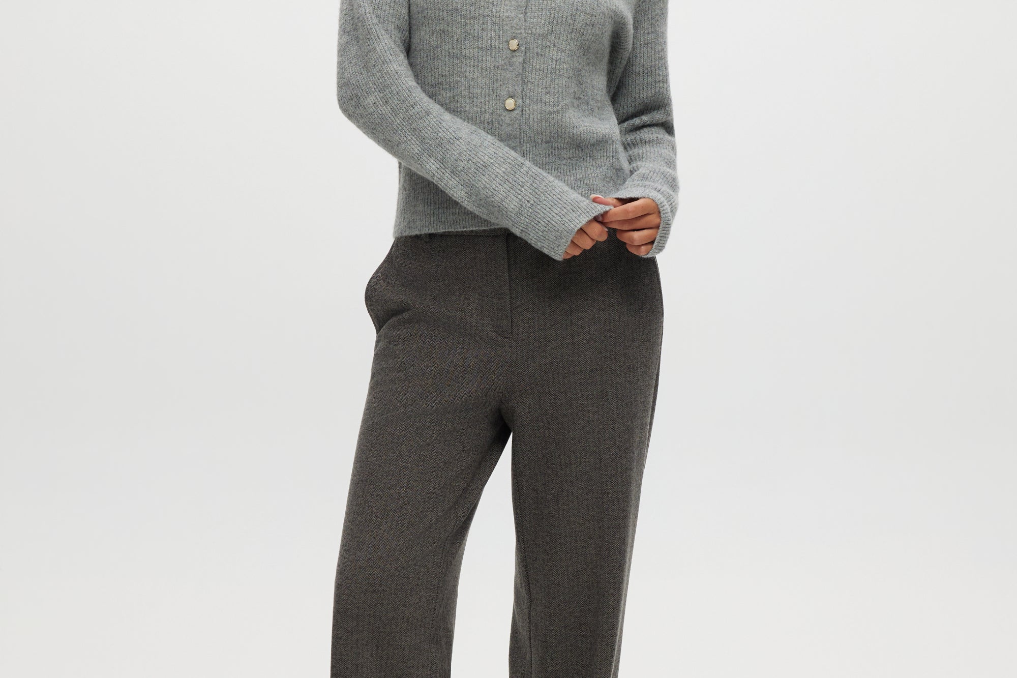 Grey Shaker Stitch Crew Neck Cardigan with button-front design by Hilary Radley.