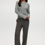 Grey Shaker Stitch Crew Neck Cardigan with button-front design by Hilary Radley.