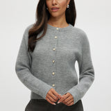 Grey shaker stitch cardigan with crew neck and button-front