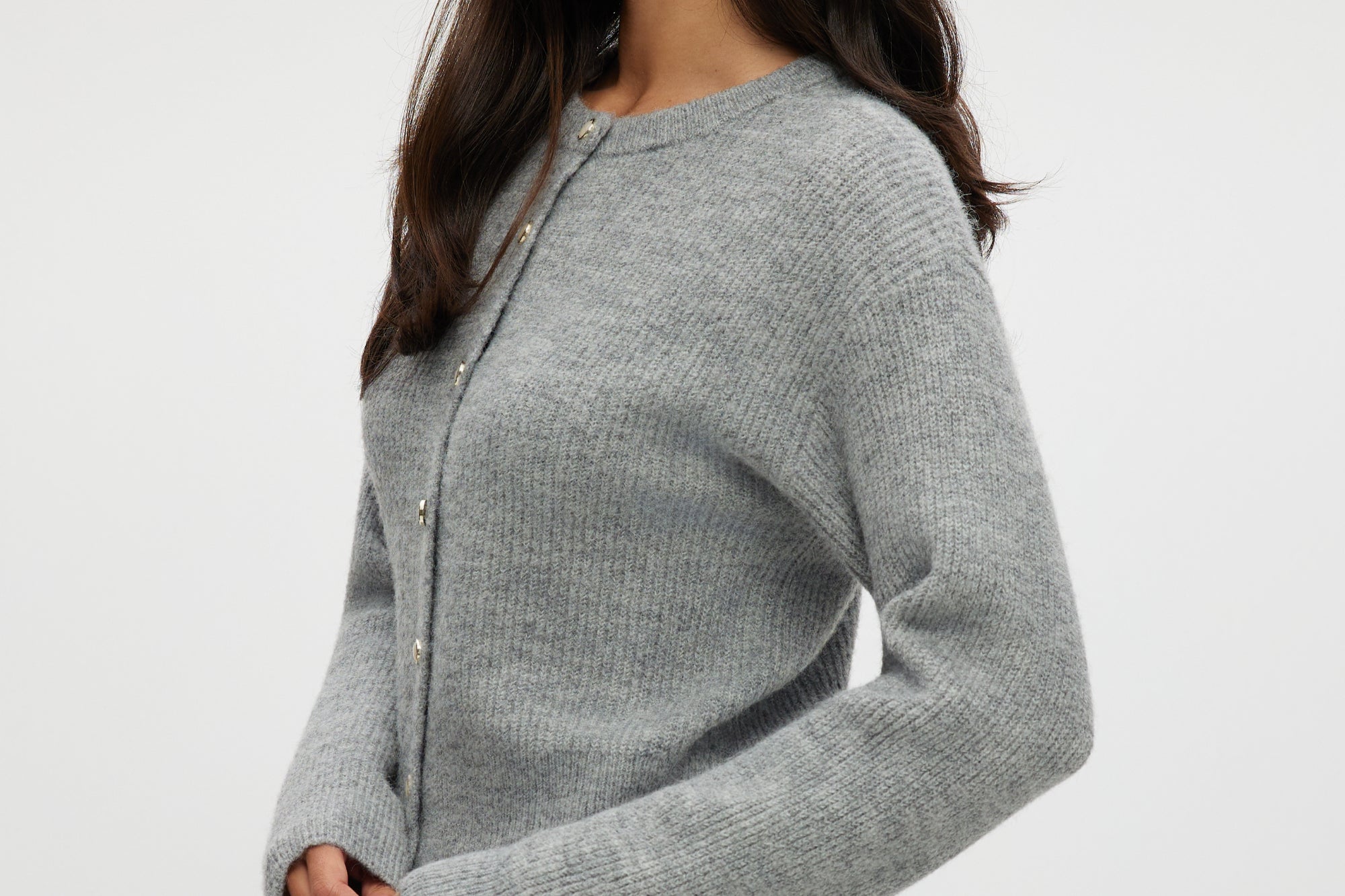 Grey shaker stitch crew neck cardigan featuring a button-front design by Hilary Radley.