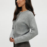 Grey shaker stitch crew neck cardigan featuring a button-front design by Hilary Radley.