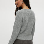 Grey shaker stitch crew neck cardigan with button-front design by Hilary Radley.