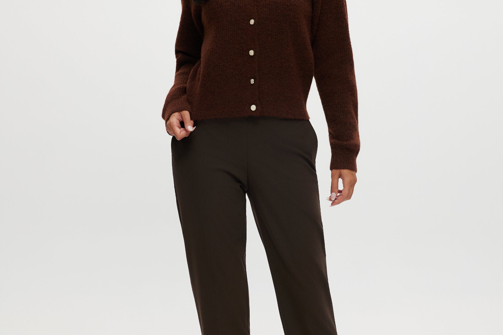 Coffee Shaker Stitch Crew Neck Cardigan in brown featuring a button-front design and long sleeves by Hilary Radley.