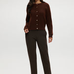 Coffee Shaker Stitch Crew Neck Cardigan in brown featuring a button-front design and long sleeves by Hilary Radley.