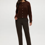 Coffee Shaker Stitch Crew Neck Cardigan in brown featuring a button-front design and long sleeves by Hilary Radley.