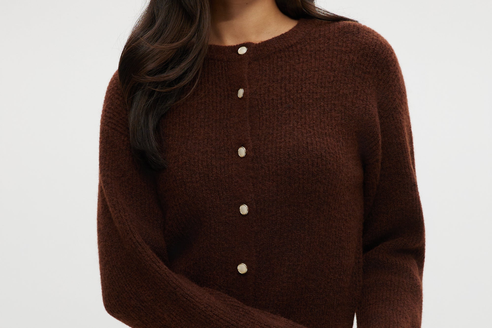 Brown Coffee Shaker Stitch Crew Neck Cardigan with button-front and long sleeves.