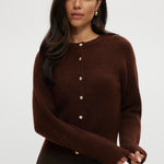 Brown Coffee Shaker Stitch Crew Neck Cardigan with button-front and long sleeves.