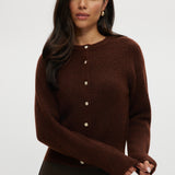 Brown Coffee Shaker Stitch Crew Neck Cardigan with button-front and long sleeves.
