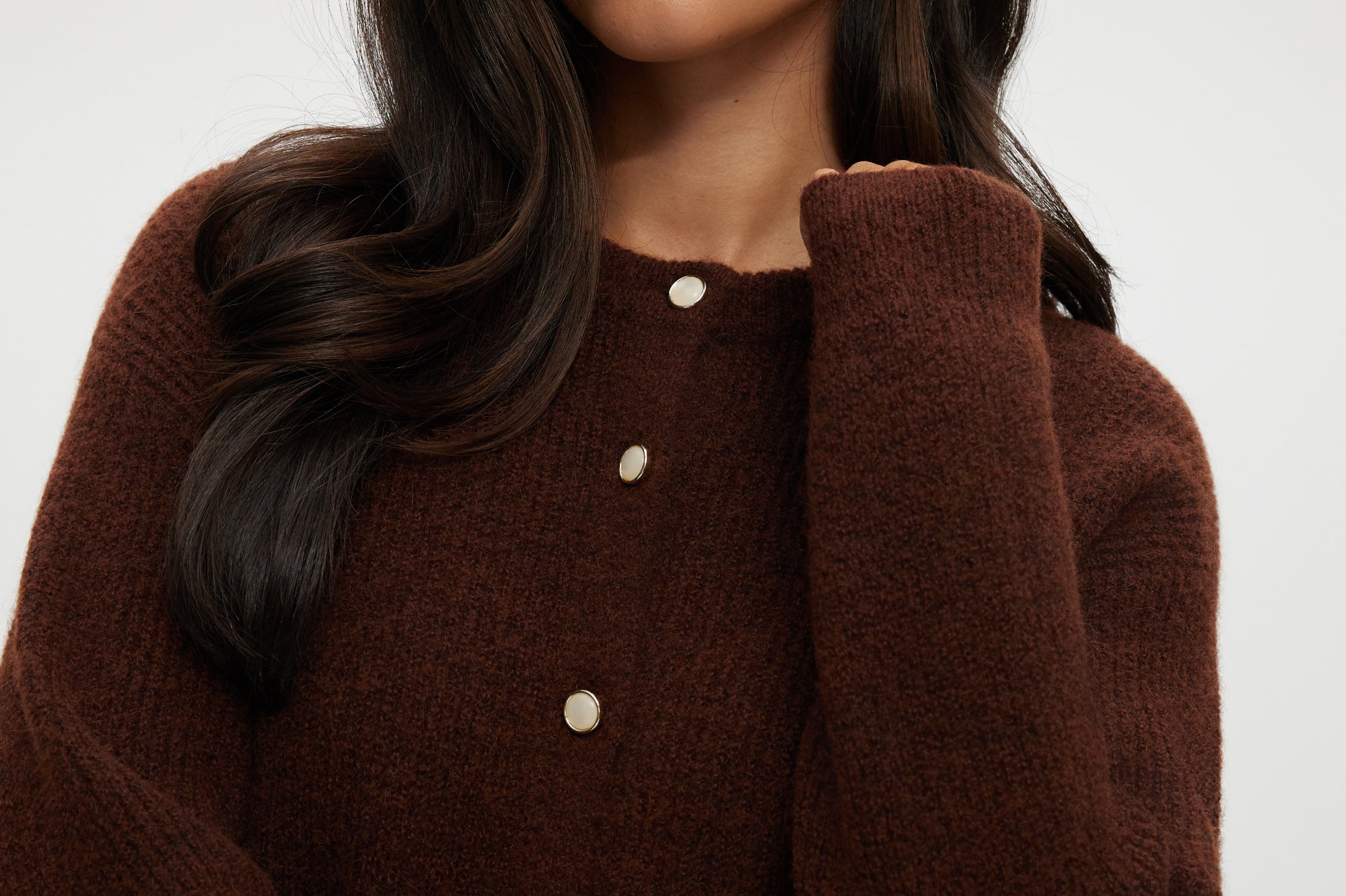 Brown Coffee Shaker Stitch Crew Neck Cardigan featuring a button-front and long sleeves by Hilary Radley.