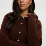 Brown Coffee Shaker Stitch Crew Neck Cardigan featuring a button-front and long sleeves by Hilary Radley.
