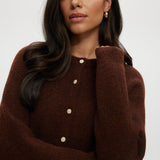 Brown Coffee Shaker Stitch Crew Neck Cardigan featuring a button-front and long sleeves by Hilary Radley.