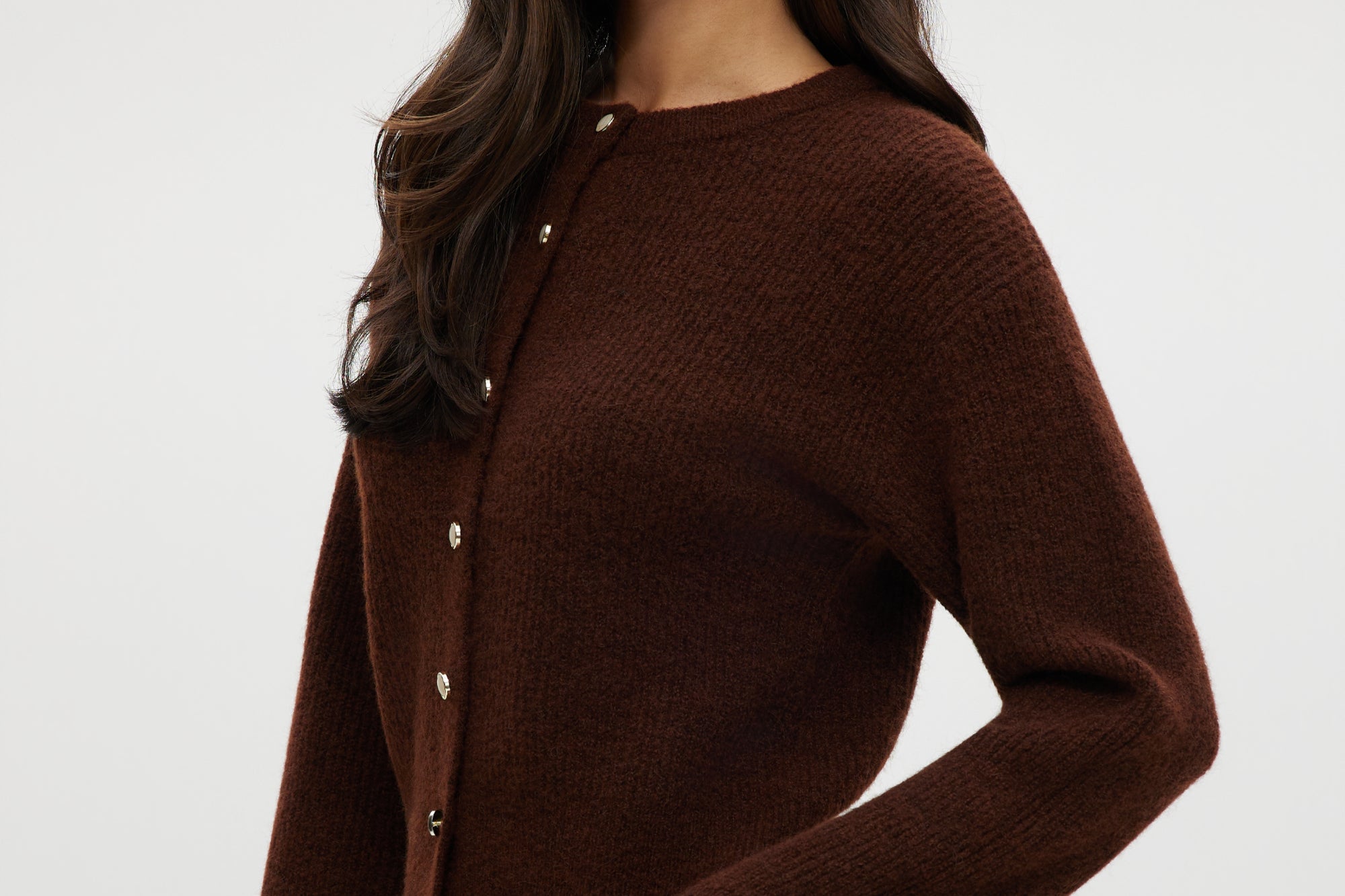 Coffee Shaker Stitch Crew Neck Cardigan in rich brown featuring a button-front and long sleeves by Hilary Radley.
