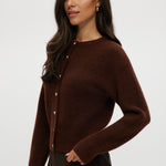 Coffee Shaker Stitch Crew Neck Cardigan in rich brown featuring a button-front and long sleeves by Hilary Radley.