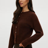 Coffee Shaker Stitch Crew Neck Cardigan in rich brown featuring a button-front and long sleeves by Hilary Radley.