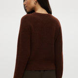 Coffee Shaker Stitch Crew Neck Cardigan in brown featuring a button-front and long sleeves by Hilary Radley.