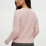Pink shaker stitch crew neck cardigan featuring a button-front closure by Hilary Radley.