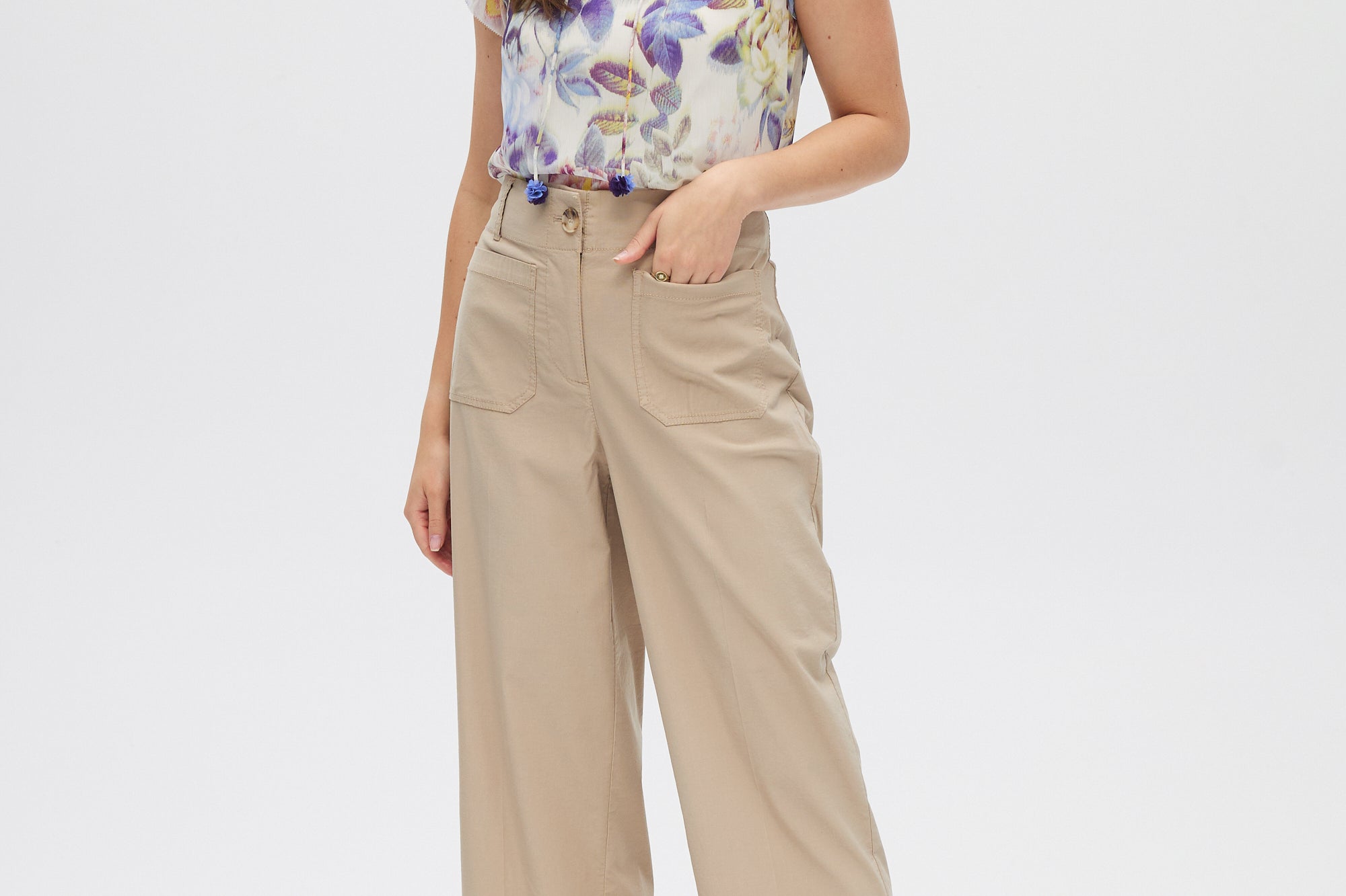 Beige Essential High-Rise Pants front