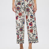 Cream Wide Leg Printed Pants With Floral Print close up