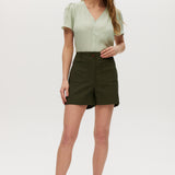 Olive high-rise shorts with button closure, front patch pockets, and textured fabric.