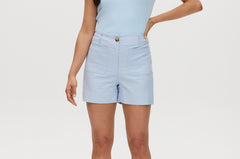 Light blue high-rise stretch shorts with button closure, front and back pockets, and cuffed hem.