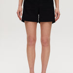Black high-rise stretch shorts featuring button closure and front patch pockets by Hilary Radley.