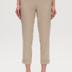 Beige checked slim leg pants featuring a button-front and pockets, available from Hilary Radley.